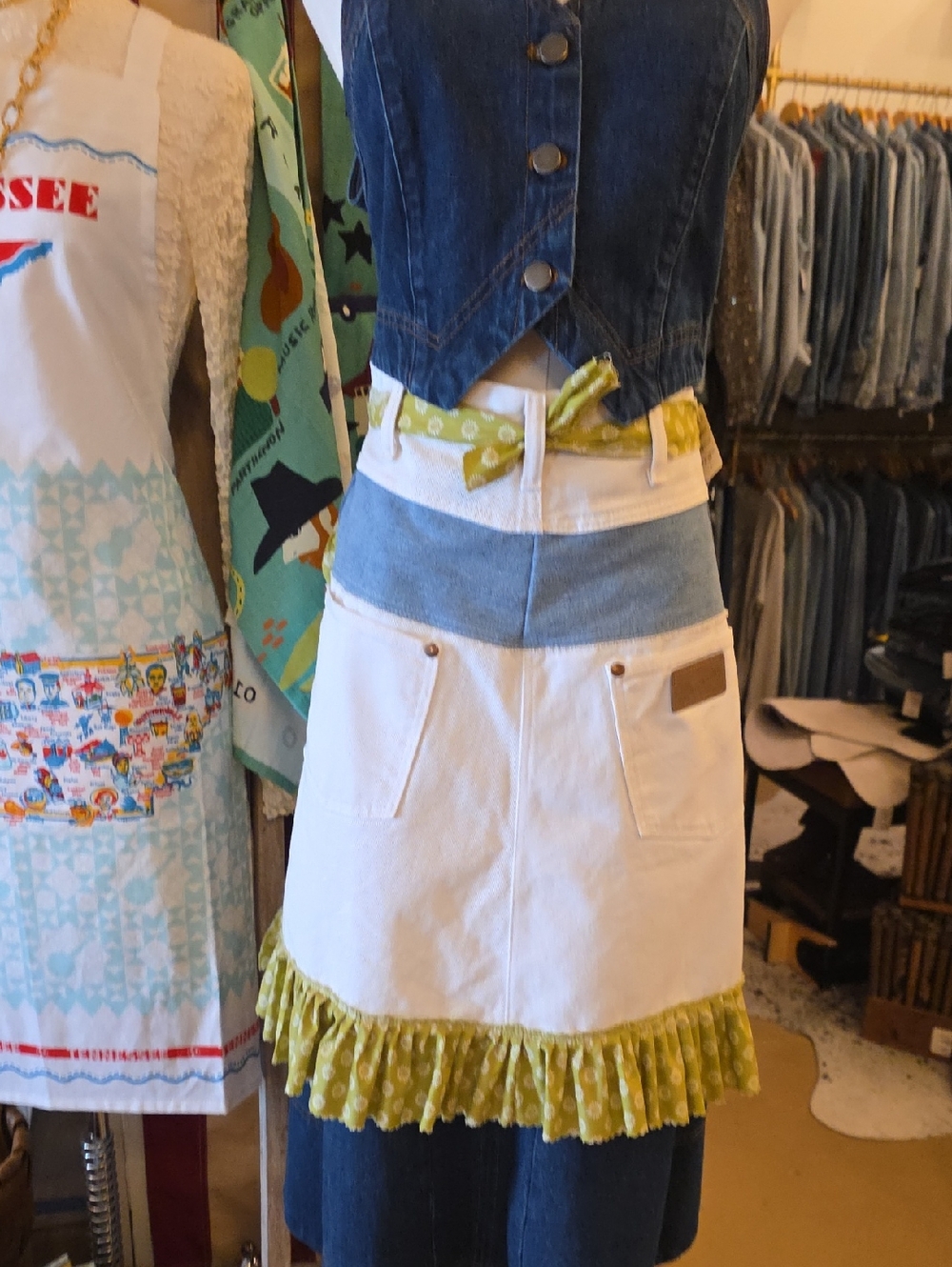 Wrangler Upcycled White and Light Blue Denim Apron-Style Skirt with Green Trim